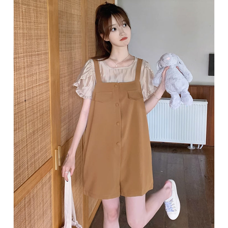 ラップスリーブブラウス×ウエストマークサロペット