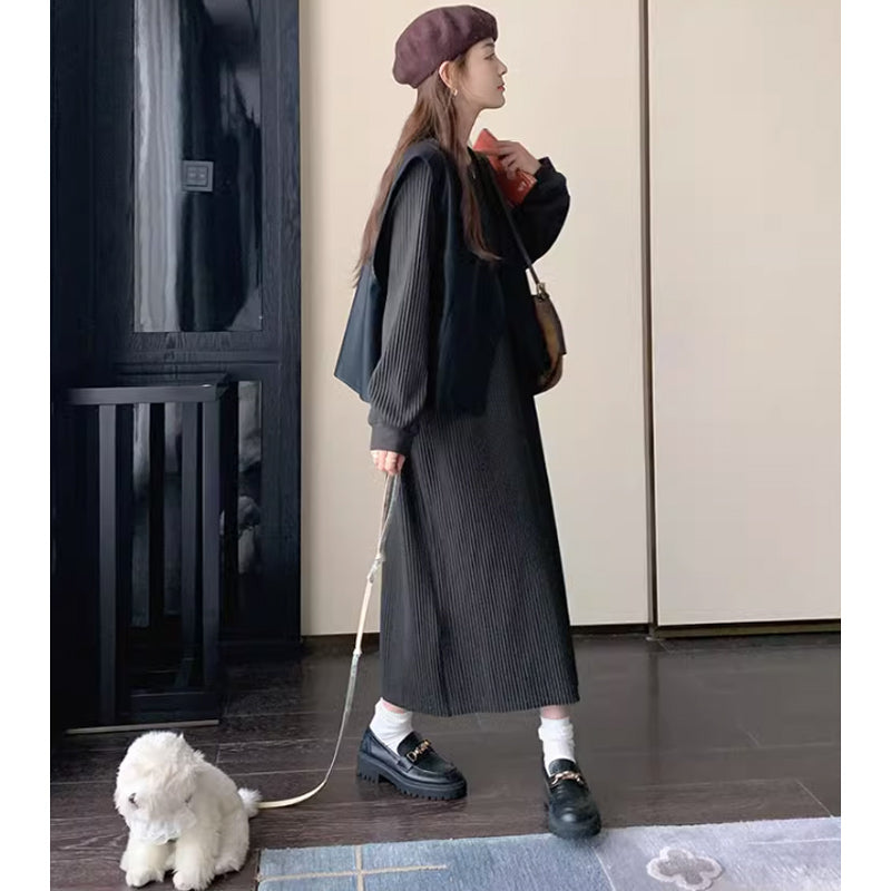 ワイドレザーベスト×リブニットワンピース