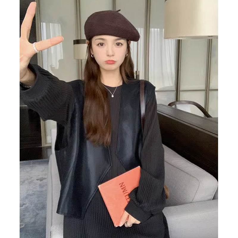 ワイドレザーベスト×リブニットワンピース