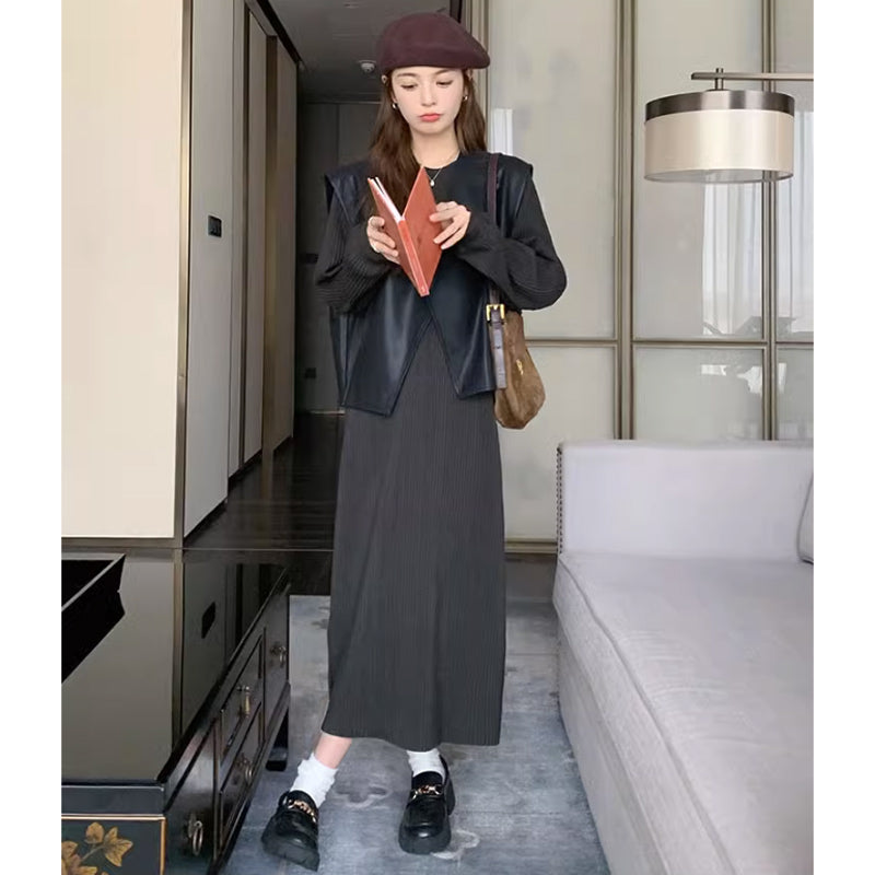 ワイドレザーベスト×リブニットワンピース