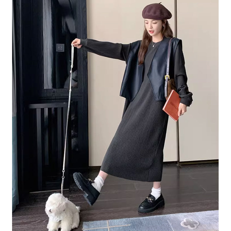 ワイドレザーベスト×リブニットワンピース