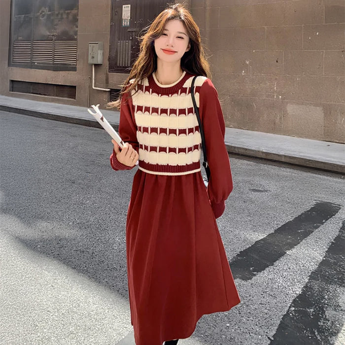 ラウンドネックAラインニットワンピース(2colors)
