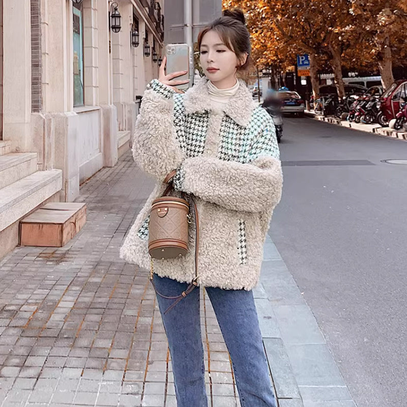 千鳥柄切り替えボアコート