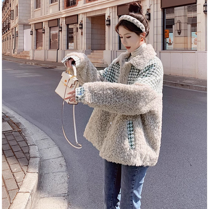 千鳥柄切り替えボアコート