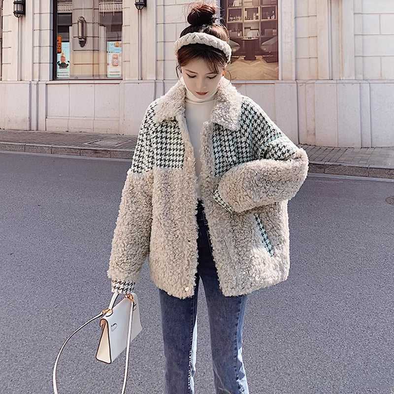 千鳥柄切り替えボアコート