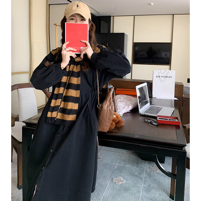 肩掛けカーデ風ブラックシャツワンピース