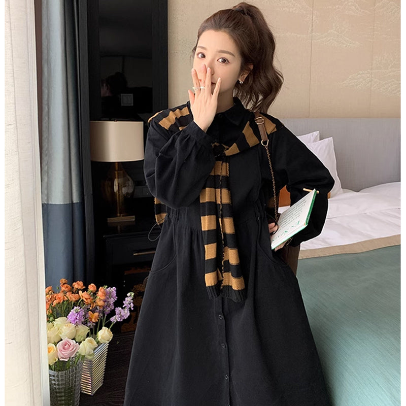 肩掛けカーデ風ブラックシャツワンピース