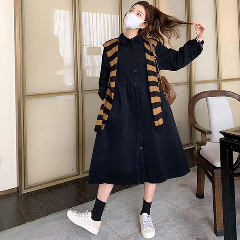 肩掛けカーデ風ブラックシャツワンピース