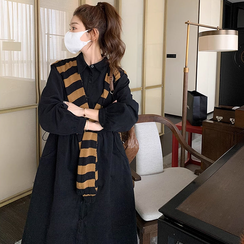 肩掛けカーデ風ブラックシャツワンピース