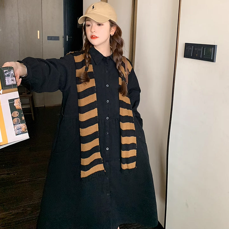 肩掛けカーデ風ブラックシャツワンピース