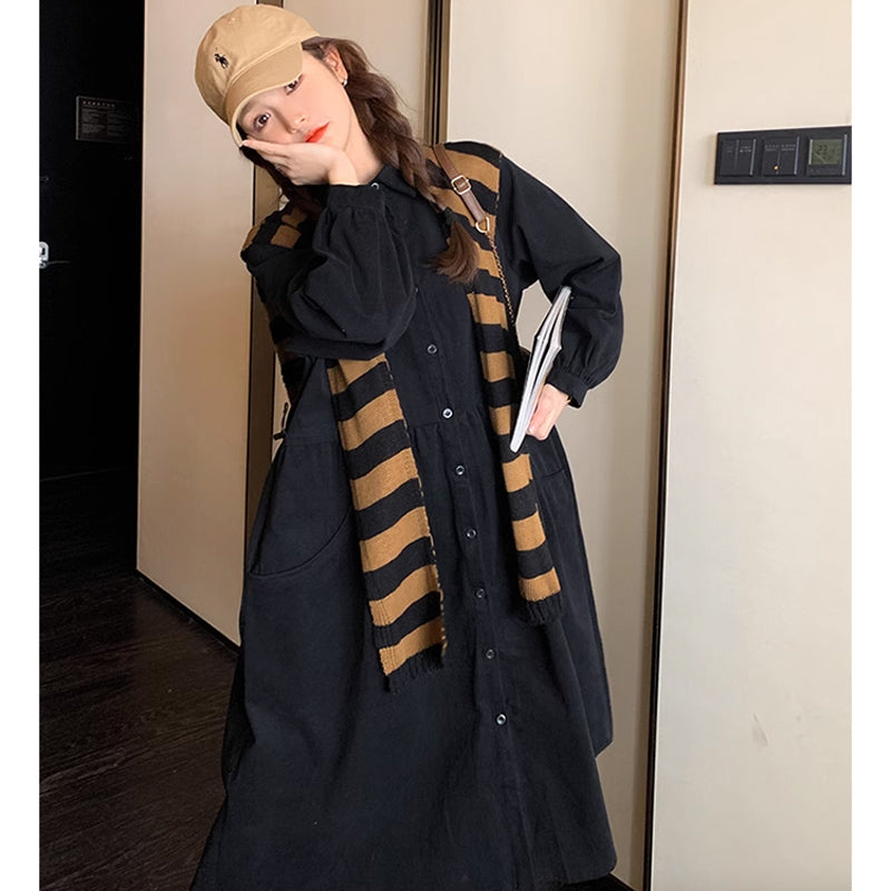 肩掛けカーデ風ブラックシャツワンピース