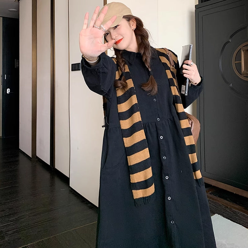 肩掛けカーデ風ブラックシャツワンピース