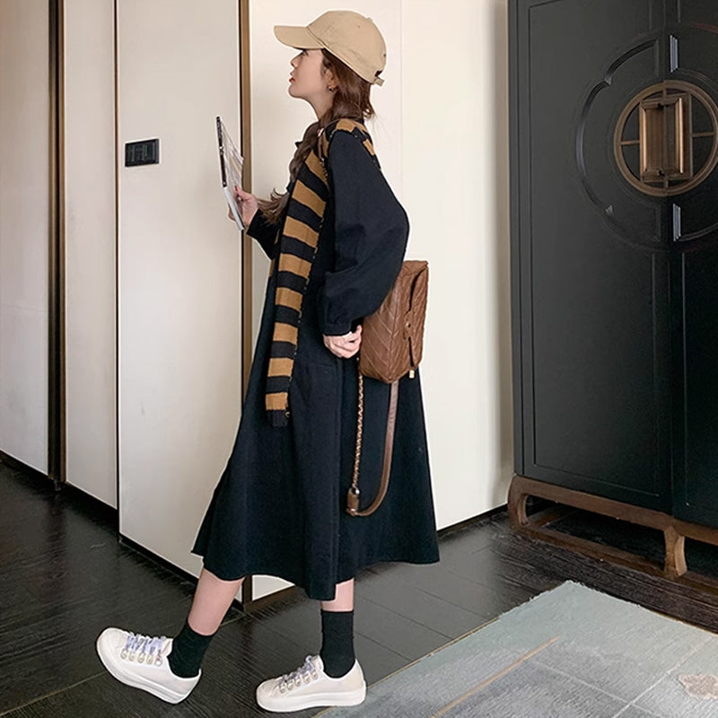 肩掛けカーデ風ブラックシャツワンピース