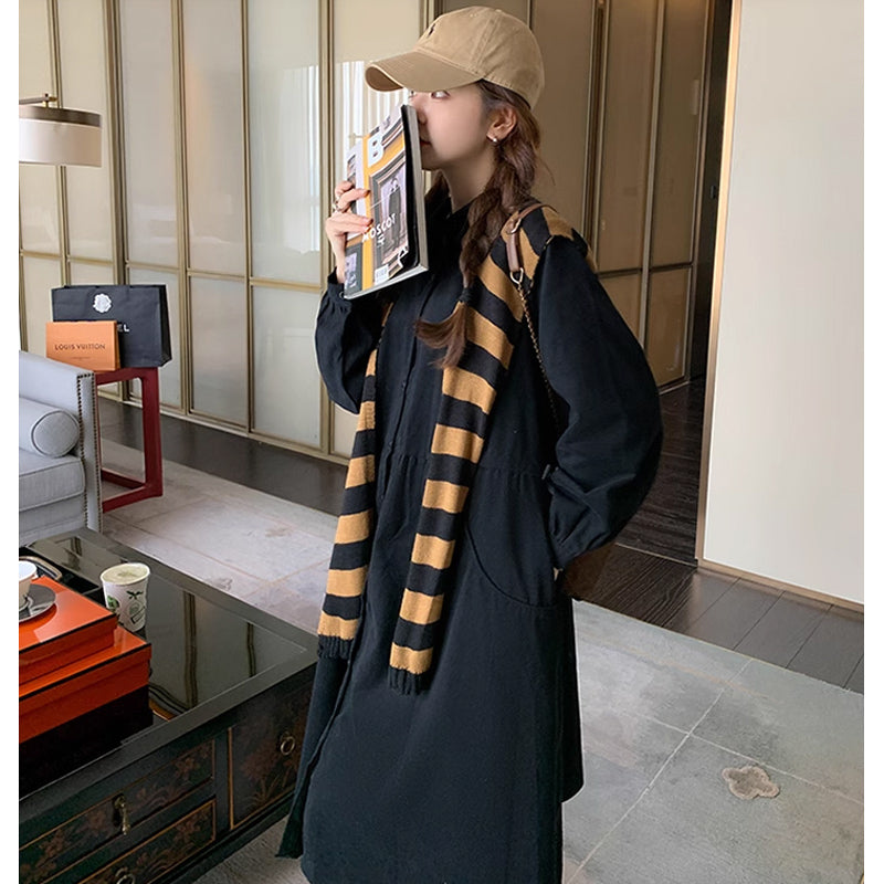 肩掛けカーデ風ブラックシャツワンピース