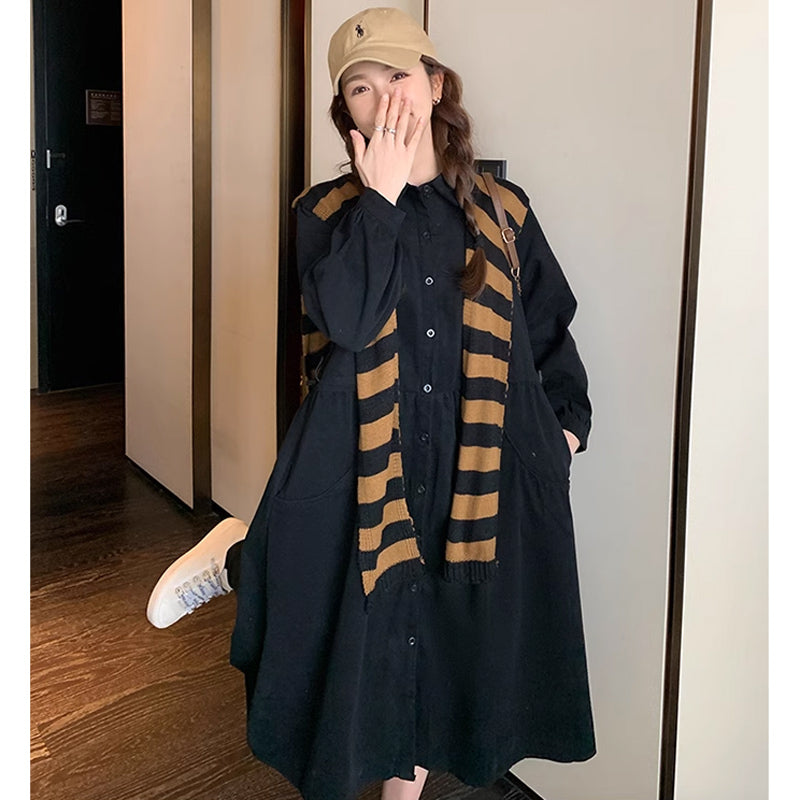 肩掛けカーデ風ブラックシャツワンピース