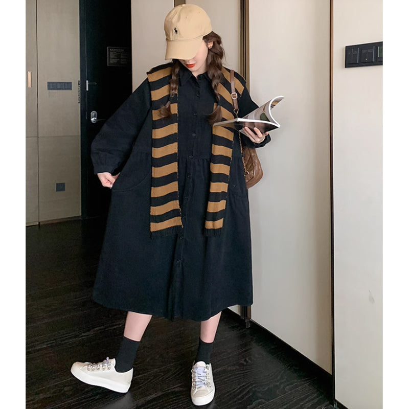 肩掛けカーデ風ブラックシャツワンピース