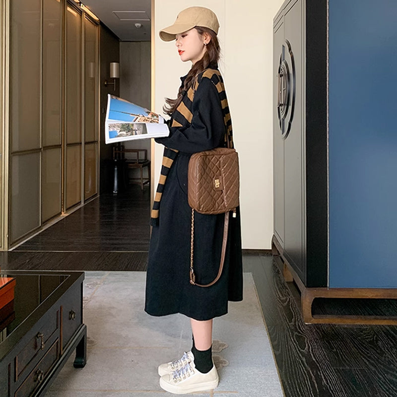 肩掛けカーデ風ブラックシャツワンピース