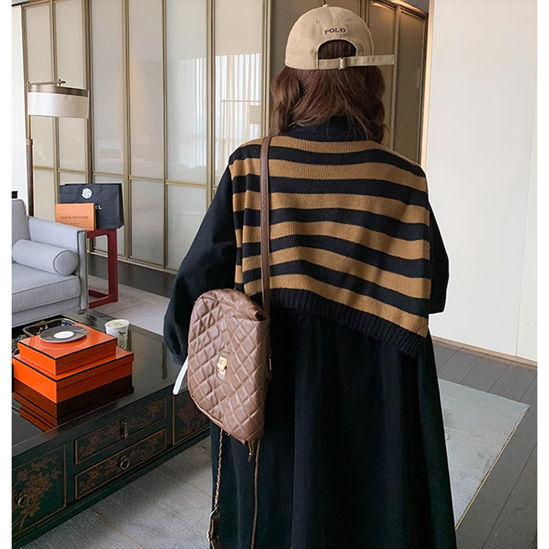 肩掛けカーデ風ブラックシャツワンピース