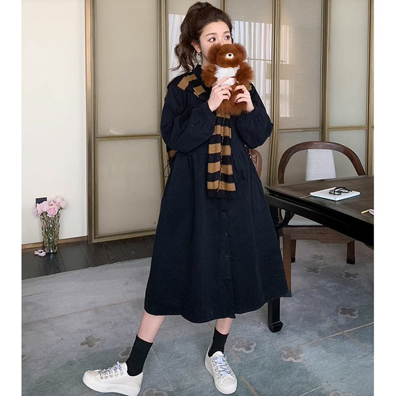 肩掛けカーデ風ブラックシャツワンピース