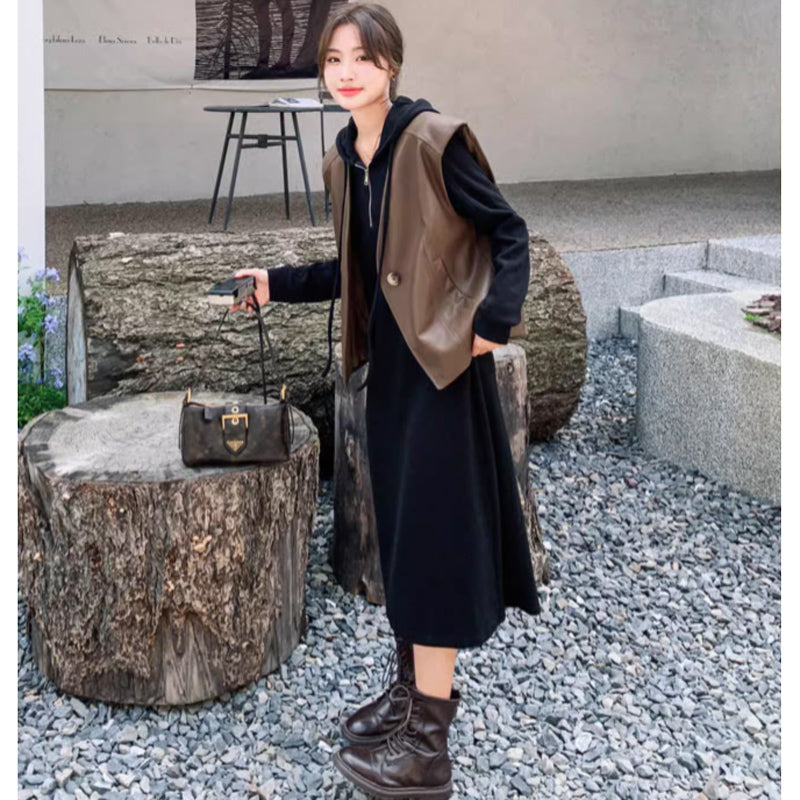 フーディーワンピース×ワイドレザーベスト