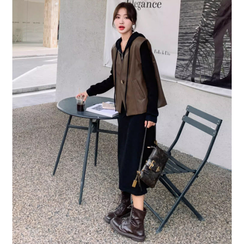 フーディーワンピース×ワイドレザーベスト