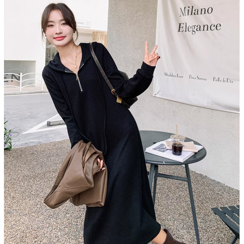 フーディーワンピース×ワイドレザーベスト