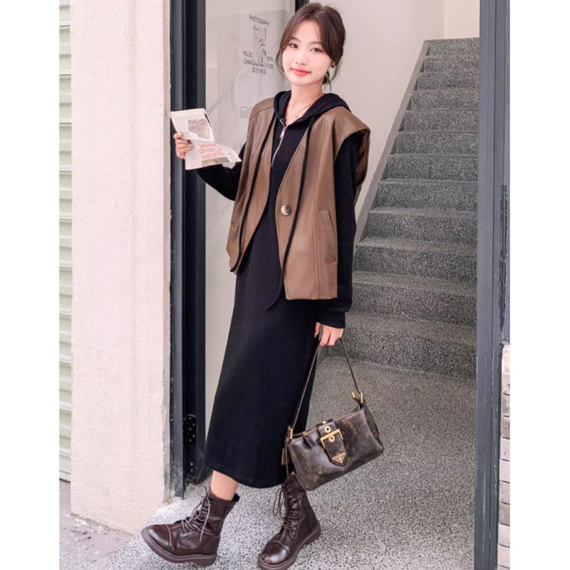 フーディーワンピース×ワイドレザーベスト