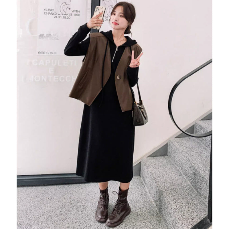 フーディーワンピース×ワイドレザーベスト