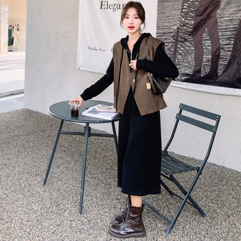 フーディーワンピース×ワイドレザーベスト