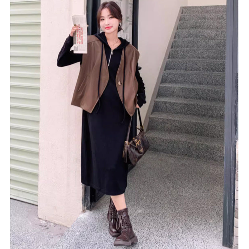 フーディーワンピース×ワイドレザーベスト