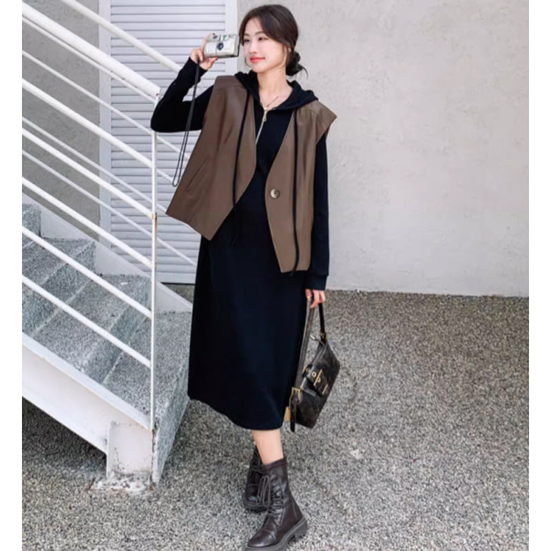 フーディーワンピース×ワイドレザーベスト