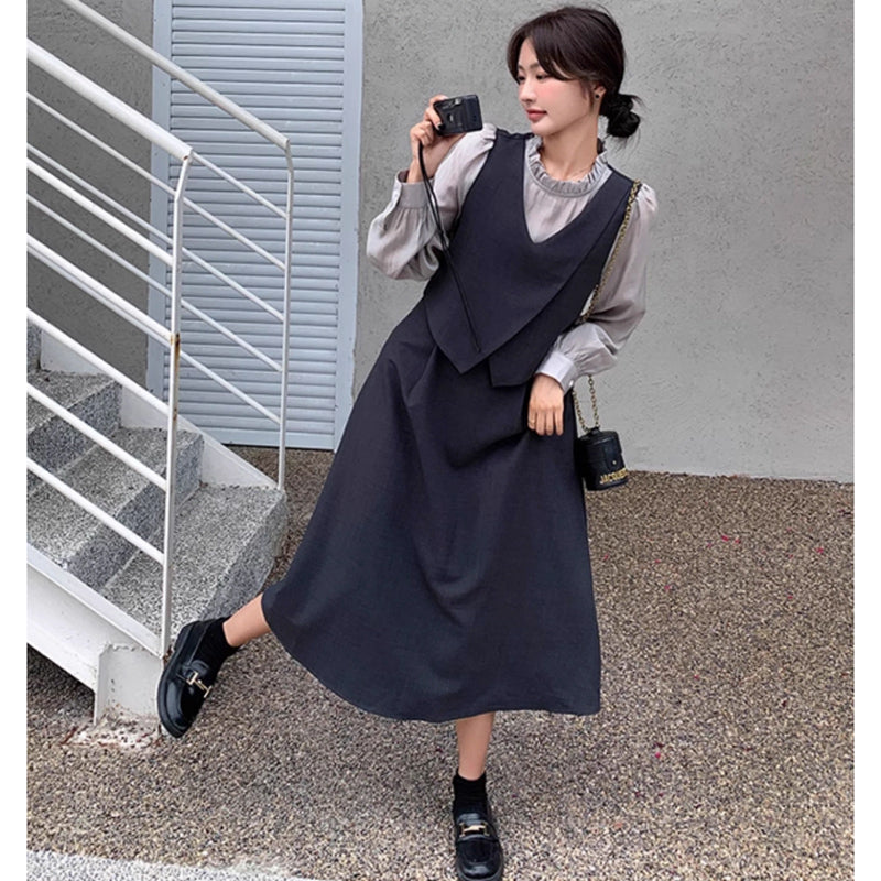 フリルネックフェイクツーピースレイヤード風ワンピース(2colors)