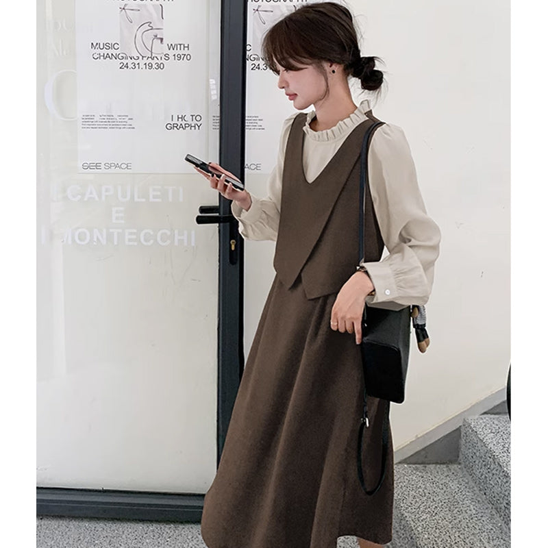 フリルネックフェイクツーピースレイヤード風ワンピース(2colors)