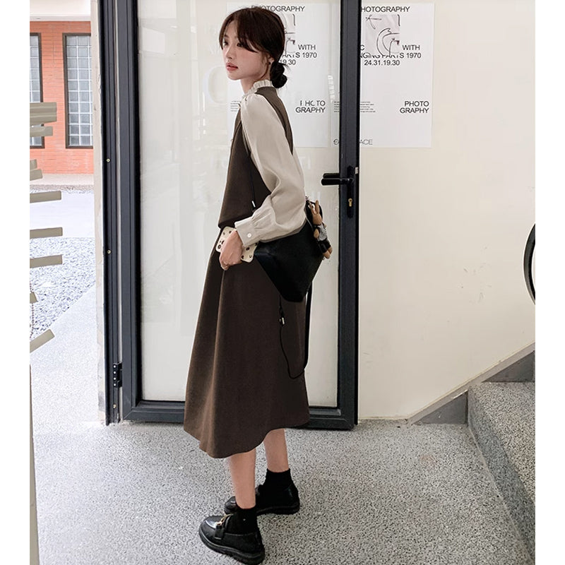 フリルネックフェイクツーピースレイヤード風ワンピース(2colors)