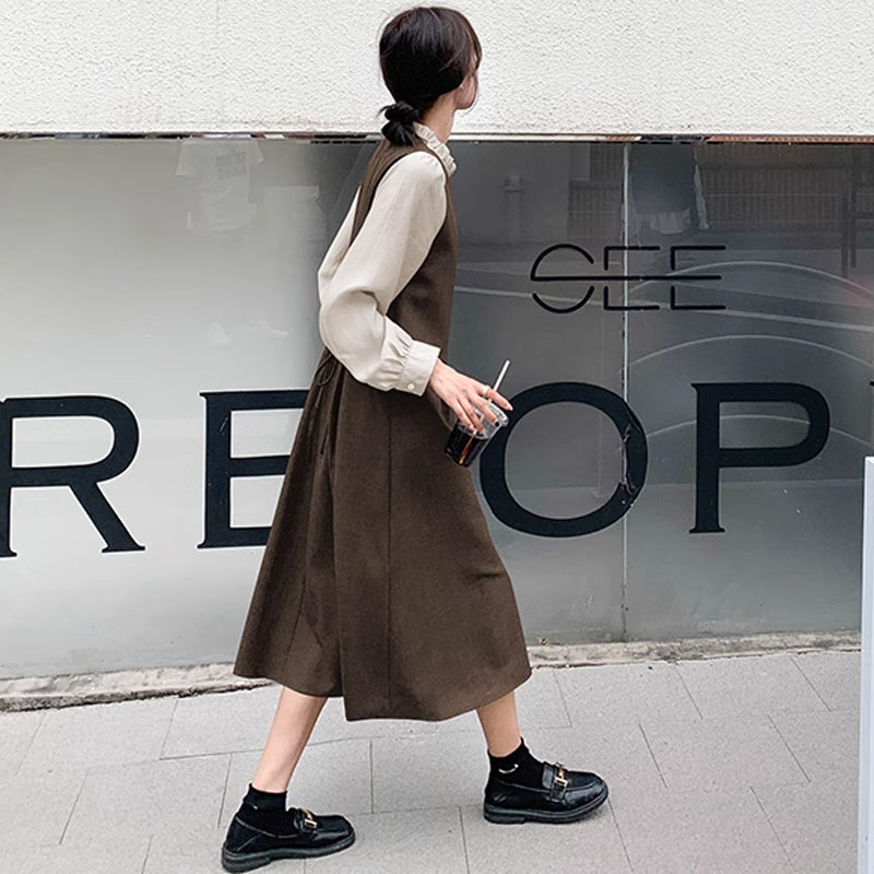 フリルネックフェイクツーピースレイヤード風ワンピース(2colors)