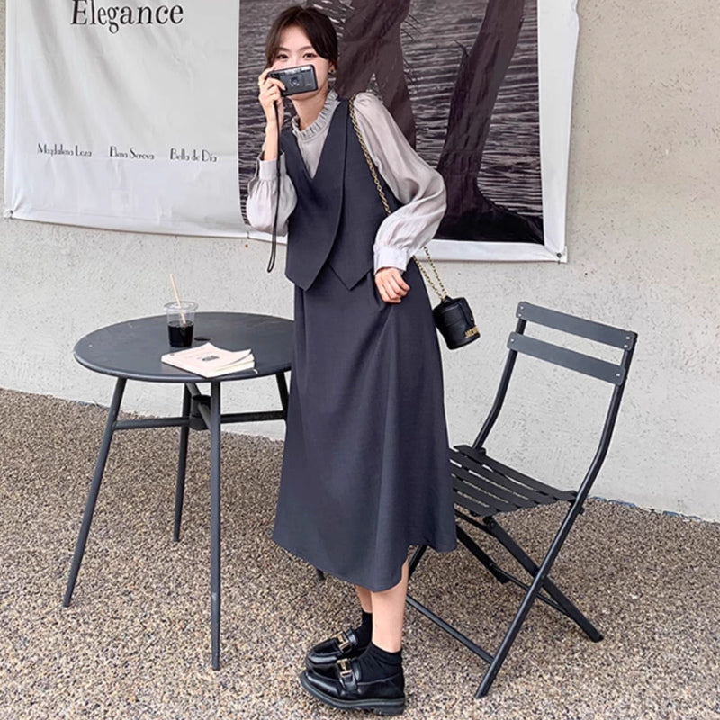 フリルネックフェイクツーピースレイヤード風ワンピース(2colors)