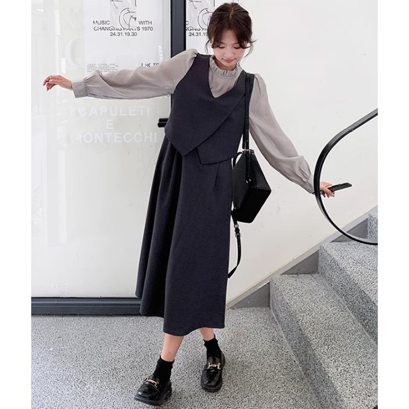 フリルネックフェイクツーピースレイヤード風ワンピース(2colors)