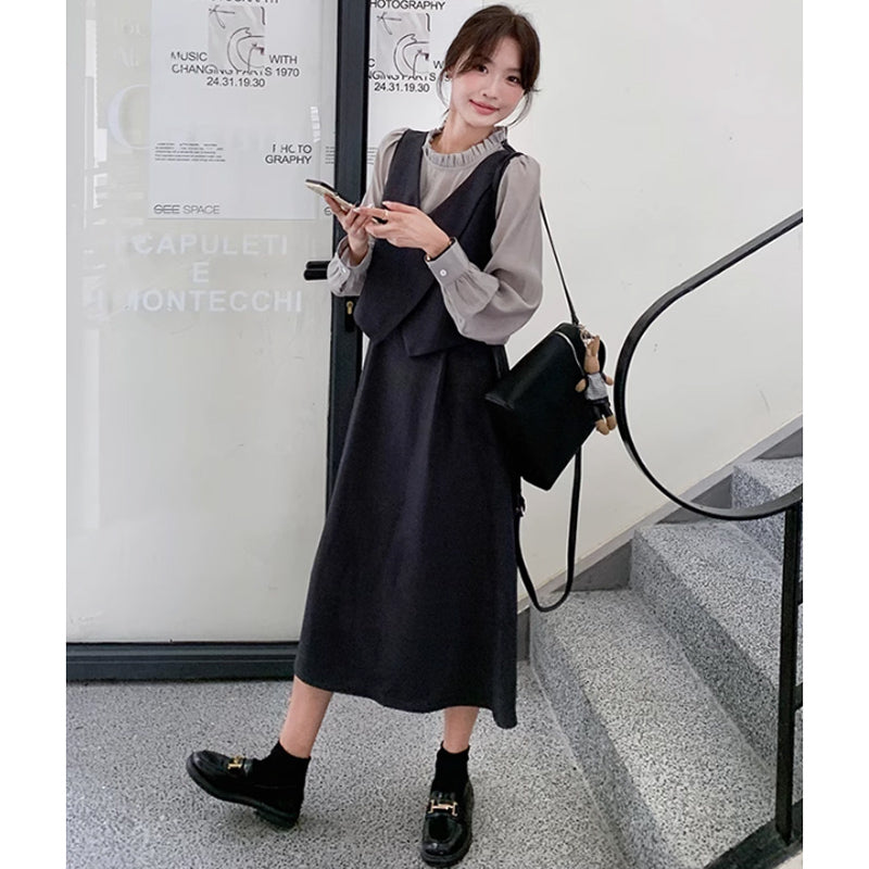 フリルネックフェイクツーピースレイヤード風ワンピース(2colors)