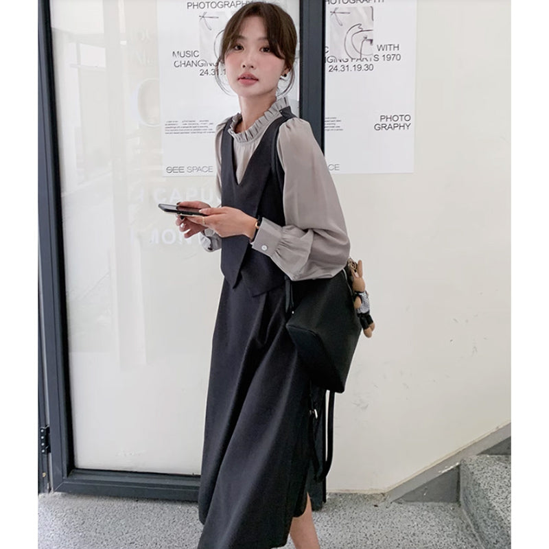 フリルネックフェイクツーピースレイヤード風ワンピース(2colors)