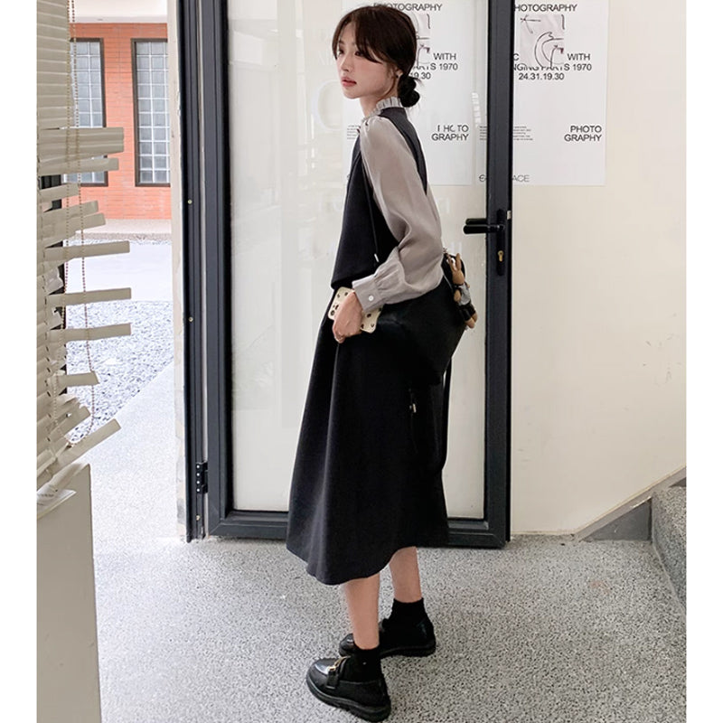 フリルネックフェイクツーピースレイヤード風ワンピース(2colors)