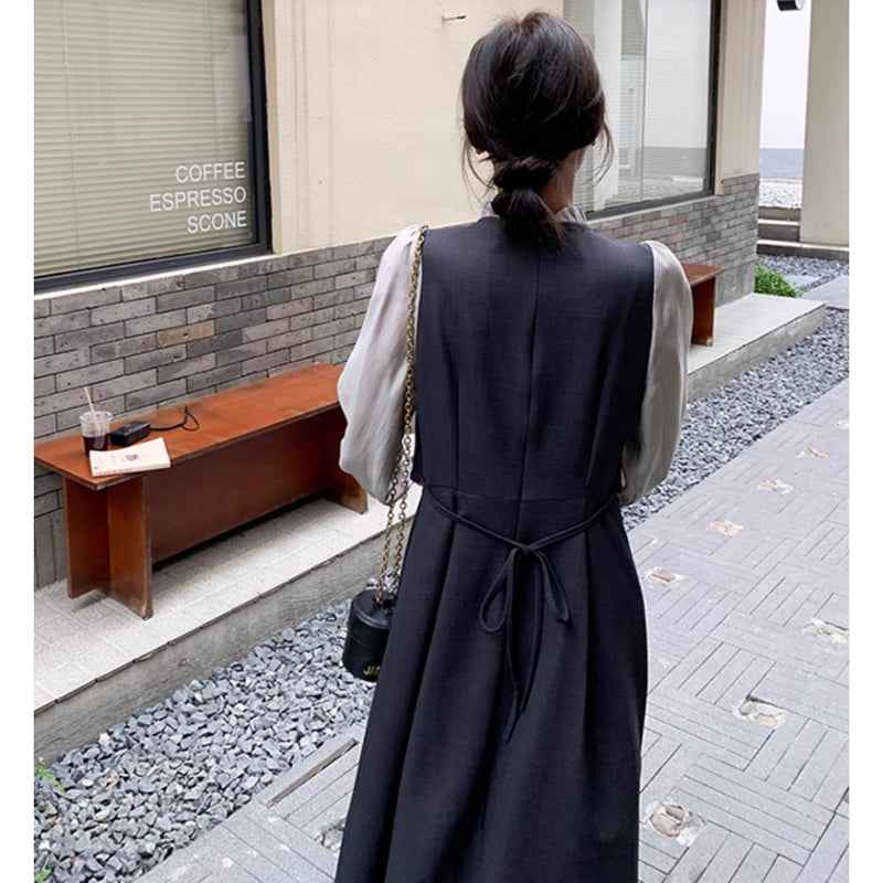 フリルネックフェイクツーピースレイヤード風ワンピース(2colors)