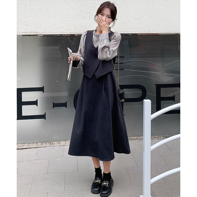 フリルネックフェイクツーピースレイヤード風ワンピース(2colors)