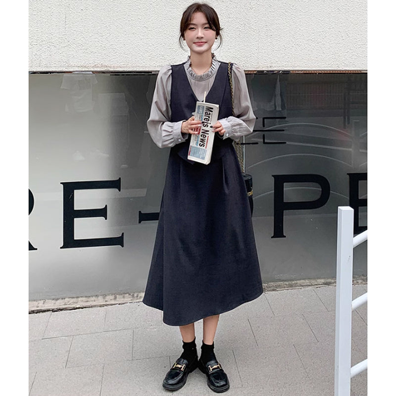 フリルネックフェイクツーピースレイヤード風ワンピース(2colors)