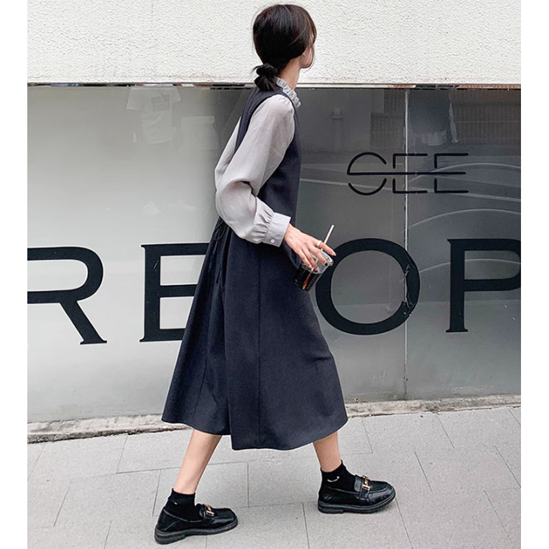 フリルネックフェイクツーピースレイヤード風ワンピース(2colors)