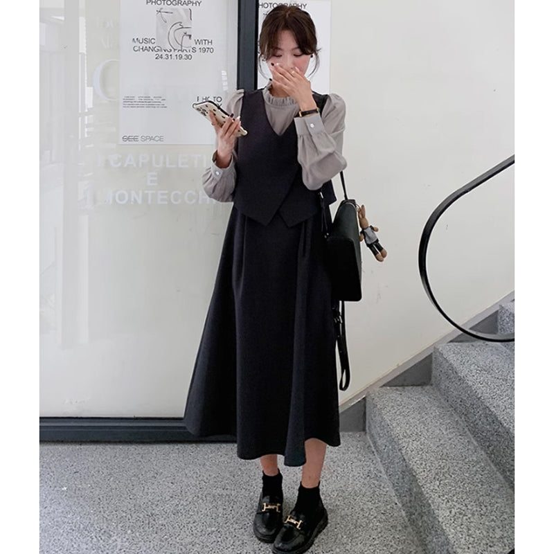 フリルネックフェイクツーピースレイヤード風ワンピース(2colors)