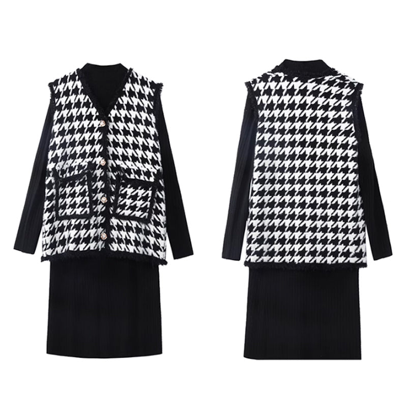 千鳥柄ベスト×リブニットワンピース