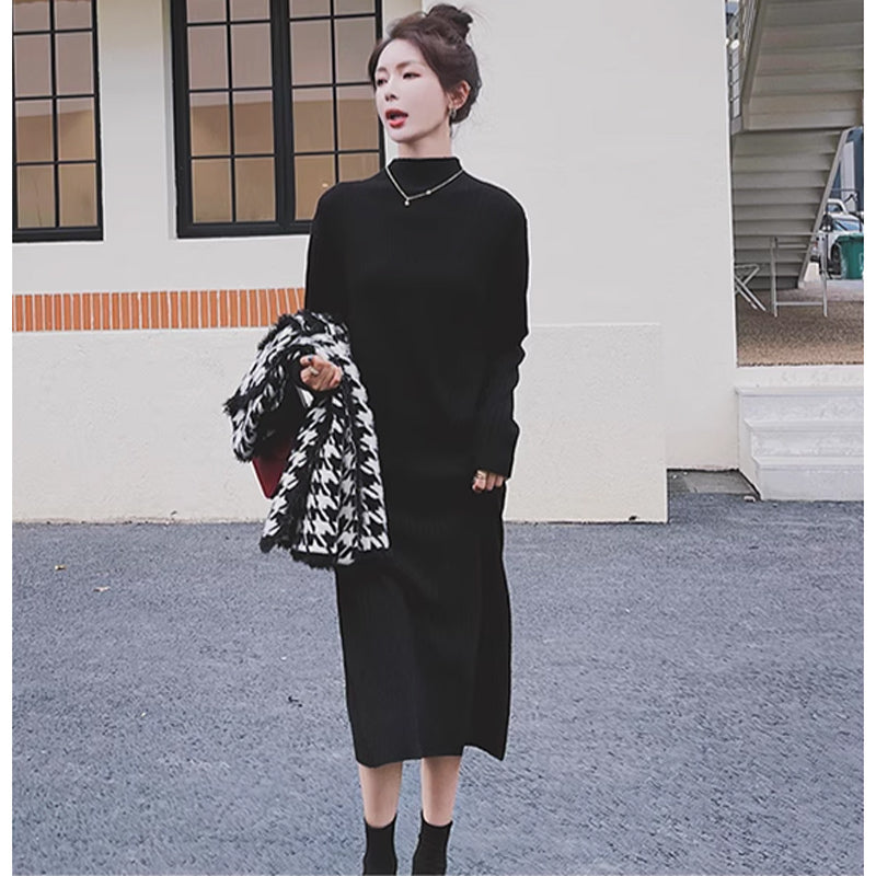 千鳥柄ベスト×リブニットワンピース