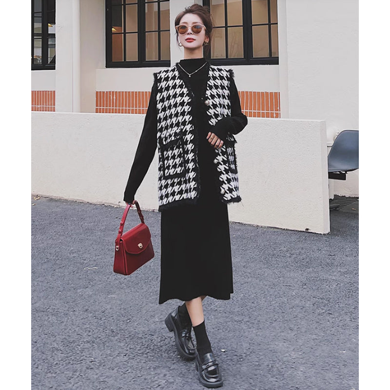 千鳥柄ベスト×リブニットワンピース