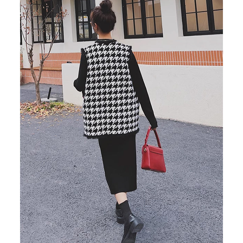 千鳥柄ベスト×リブニットワンピース