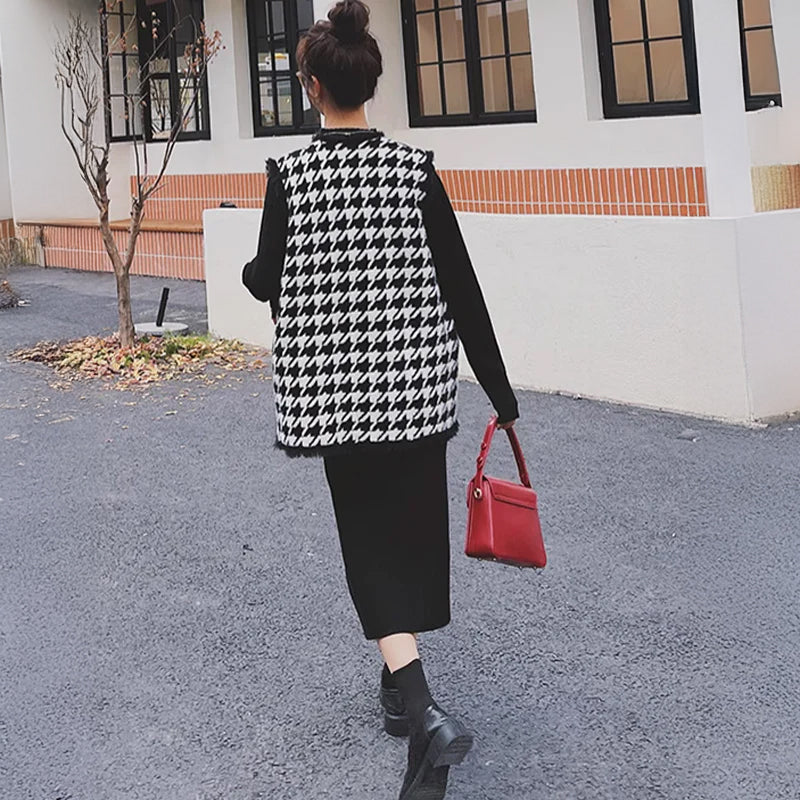 千鳥柄ベスト×リブニットワンピース